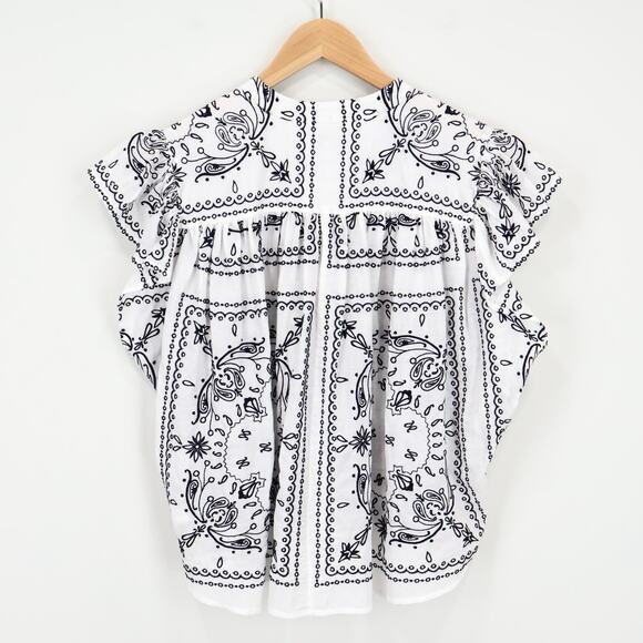 NWT Madewell Embroidered Poplin Shirred Button-Up Shirt White Dark Navy Medium - Picture 4 of 10